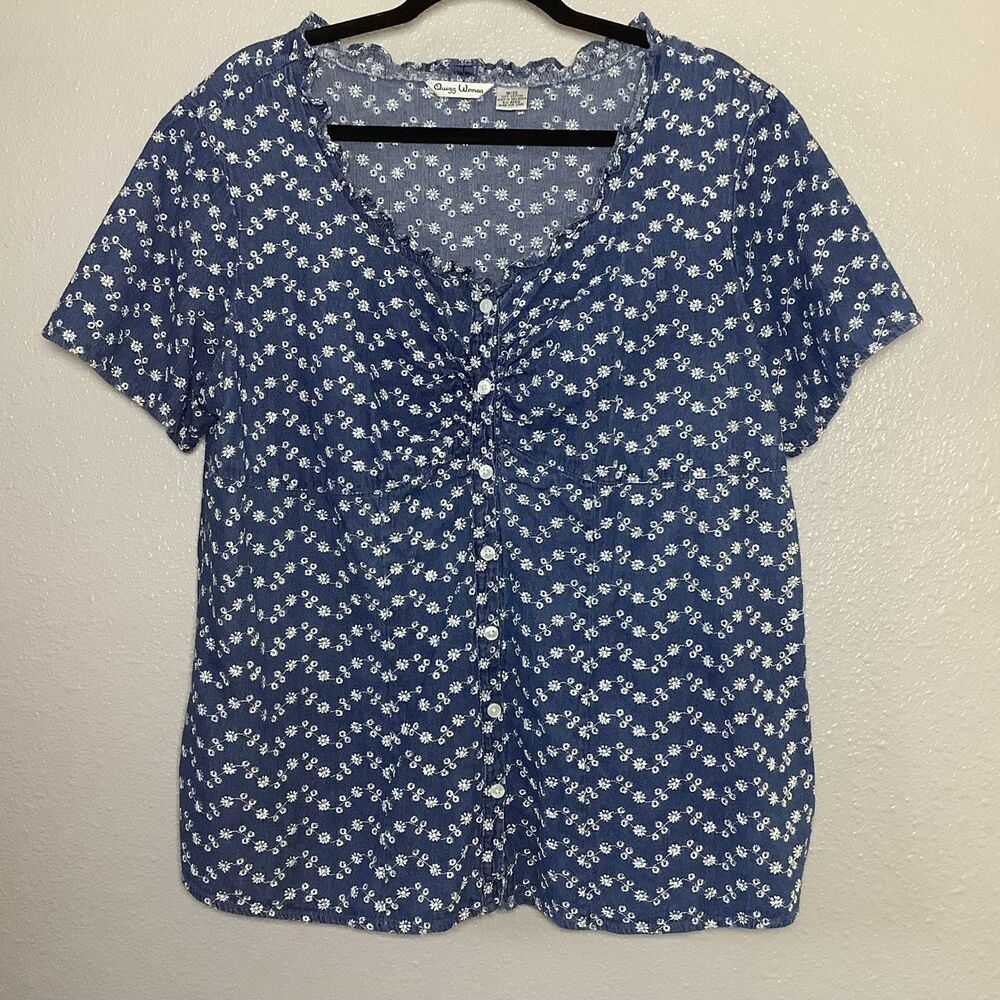 Blue Denim Eyelet Lace Cottagecore Coastal Cowgirl Dainty Milkmaid Blouse 18/20